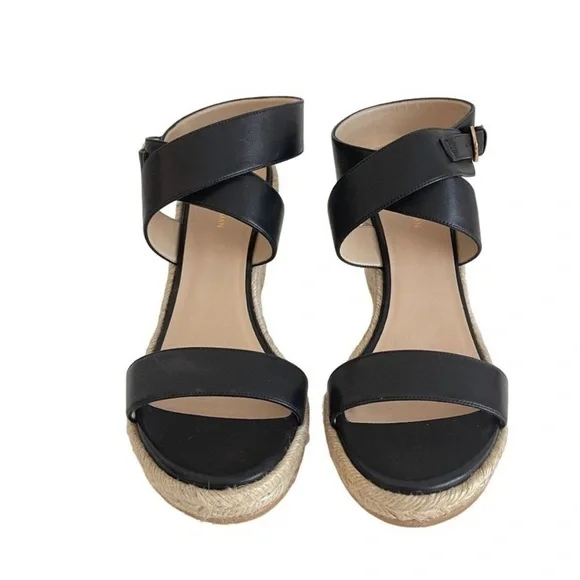 New Stuart Weitzman Lexia Leather Black  Espadrille Wedge Sandal Size 10 - Picture 3 of 12